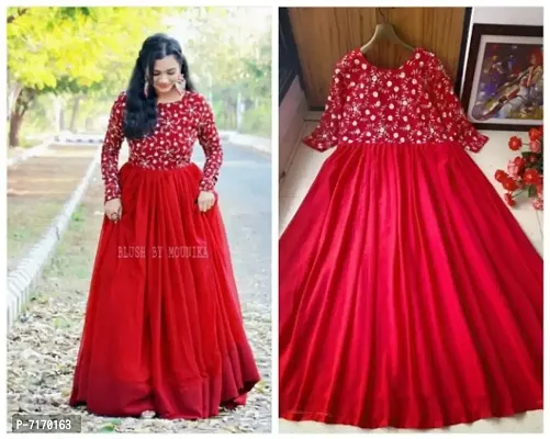 Stylish Red Heavy Georgette Silk Embroidered Stitched Ethnic Gown For Women-thumb0