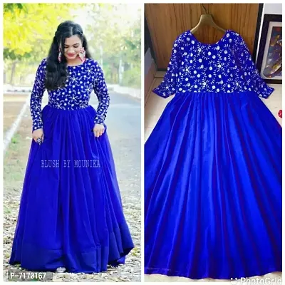 Stylish Blue Heavy Georgette Silk Embroidered Stitched Ethnic Gown For Women-thumb0