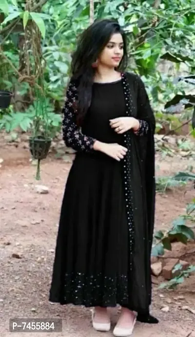 Reliable Black Heavy Georgette Silk Embroidered kurti with Dupatta Set For Women-thumb0