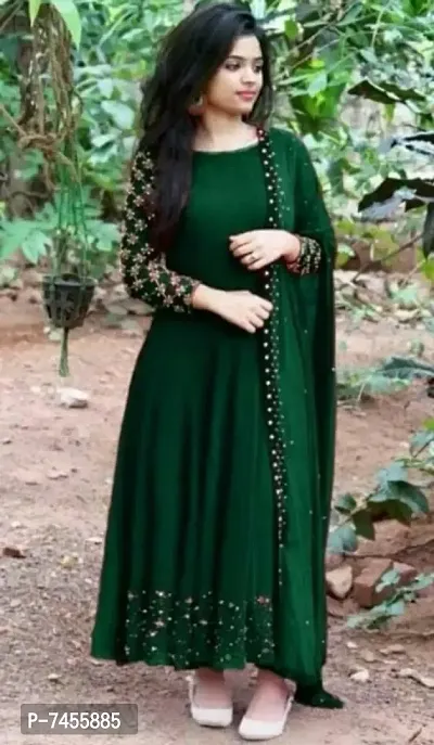 Reliable Green Heavy Georgette Silk Embroidered Gown with Dupatta Set For Women-thumb0