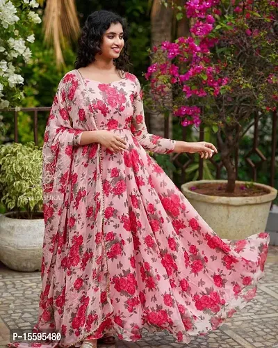 Stylish Printed Georgette Gown With Dupatta