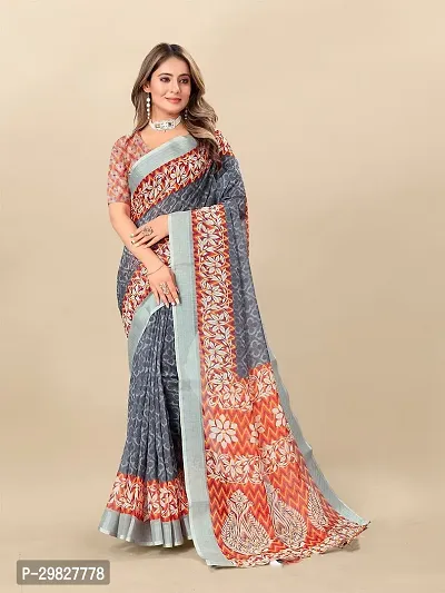 Beautiful Linen Printed Saree With Blouse Piece-thumb0