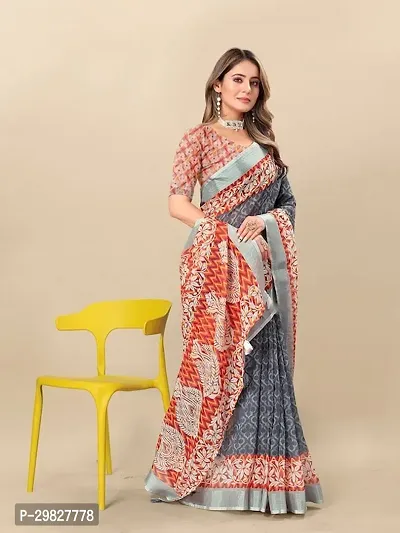 Beautiful Linen Printed Saree With Blouse Piece-thumb4