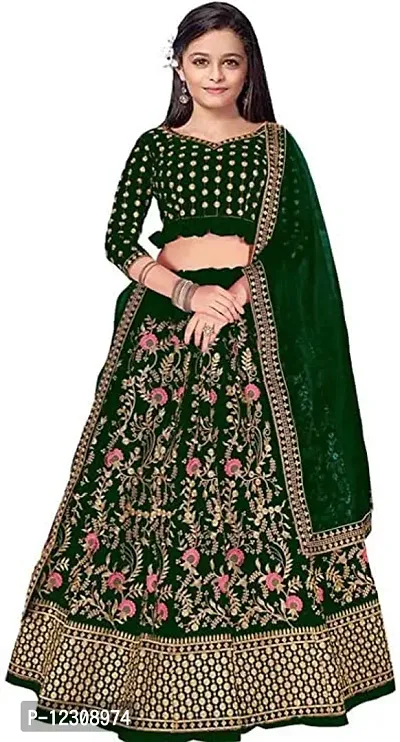 Dholazon Girls Lehenga Choli Ethnic Wear Embroidered Lehenga, Choli and Dupatta Set (9-10 Years, green)-thumb0