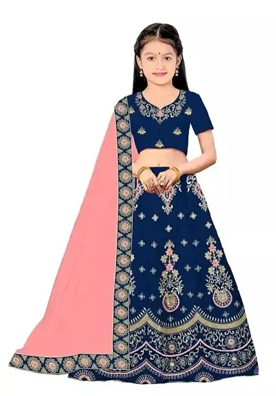 Dholazon Girls Lehenga Choli Ethnic Wear Embroidered Lehenga, Choli and Dupatta Set (9-10year, Blue)