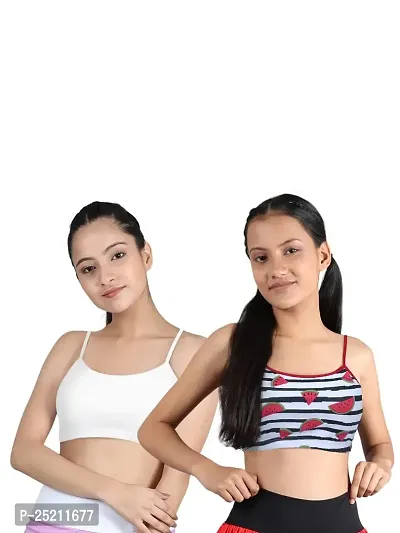 D'chica Uniform Bras for Women  Girls, Printed Cotton Non-Padded Full Coverage Seamless Everyday Non-Wired Gym Workout Bra with Adjustable Thin Strap, Training Bra for Teenager Kids (Pack of 2)