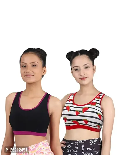 D'chica Sports Bra for Women  Girls, Cotton Non Padded Full Coverage Beginners Non-Wired T-Shirt Gym Workout Bra with Regular Broad Strap, Activewear Training Bra for Teenager (Pack of 2 Bra) Black-thumb0