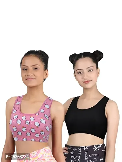 D'chica Sports Bra for Women  Girls (Pack of 2) Cotton Non-Padded Full Coverage Beginners Non-Wired T-Shirt Gym Workout Bra with Regular Broad Strap, Printed Training Bra for Teenager