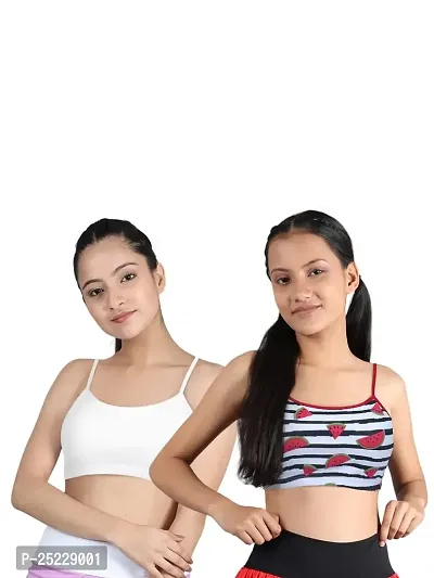 D'chica Sports Bra for Women  Girls, Cotton Non-Padded Full Coverage Beginners Non-Wired T-Shirt Gym Workout Bra with Adjustable Thin Strap, Training Bra for Teenager Kids (Pack of 2)-thumb0