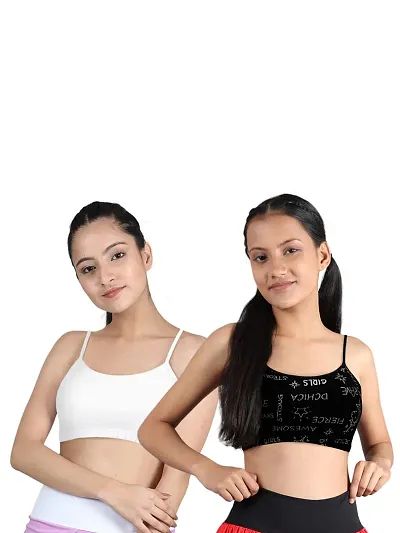 D'chica Printed Uniform Bras for Women & Girls, Cotton Non-Padded Full Coverage Seamless Everyday Non-Wired Gym Workout Bra with Adjustable Thin Strap, Training Bra for Teenager Kids (Pack of 2)
