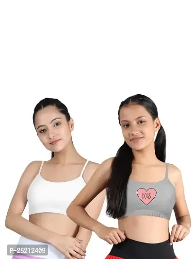 D'chica Uniform Bras for Women  Girls, Printed Cotton Non-Padded Full Coverage Everyday Non-Wired Seamless Gym Workout Bra with Adjustable Thin Strap, Training Bra for Teenager (Pack of 2 Bra)