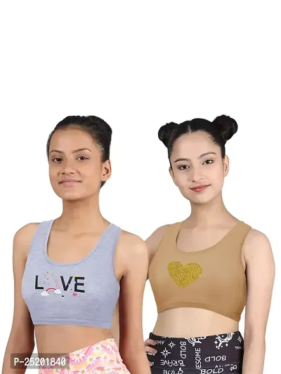 D'chica Sports Bra for Girls  Women (Pack of 2) Cotton Non-Padded Full Coverage Beginners Non-Wired T-Shirt Gym Workout Bra with Regular Broad Strap, Training Bra for Teenagers- Pattern Printed/Solid-thumb0