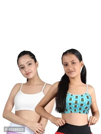 D'chica Uniform Bras for Women  Girls, Printed Cotton Non-padded Full Coverage Seamless Everyday Non-wired Gym Workout Bra With Adjustable Thin Strap, Training Bra for Teenager Kids (Pack of 2)-thumb0