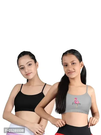 D'chica Thin Strap Sports Bra for Women  Girls (Pack of 2) Cotton Non-Padded Beginners Bra, Non-Wired Teenager Bras for Gym, Workout, Yoga Slip-on Kids Double Layered Full Coverage Bra-thumb0