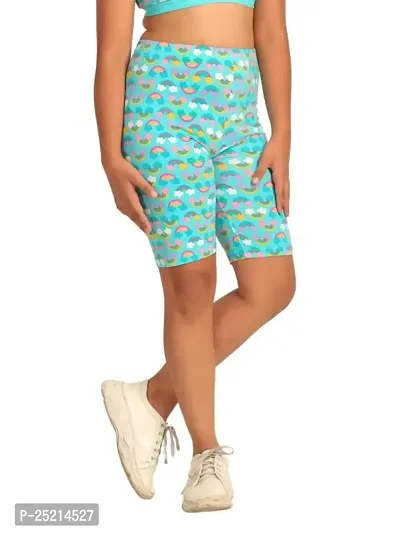 D?Chica Cotton Cycling Shorts for Girls | Stretchable Gym Shorts/Running Shorts | High Rise Shorts for Girls | Blue Printed Tights with Elasticated Waistband | Pack of 1-thumb0