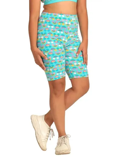 D?Chica Cotton Cycling Shorts for Girls | Stretchable Gym Shorts/Running Shorts | High Rise Shorts for Girls | Blue Printed Tights with Elasticated Waistband | Pack of 1