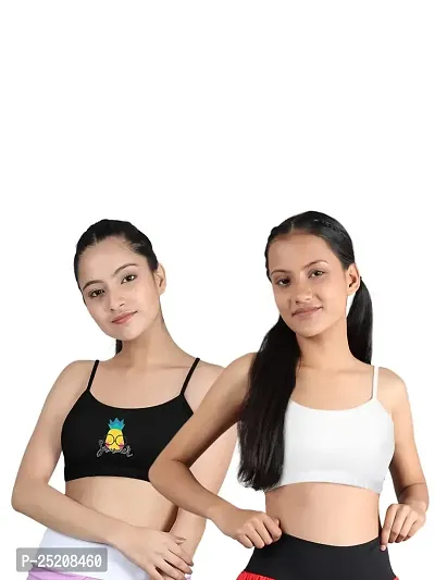 D'chica Thin Strap Sports Bra for Women  Girls (Pack of 2) Cotton Non-Padded Beginners Bra, Non-Wired Teenager Bras for Gym, Workout, Yoga Slip-on Kids Double Layered Full Coverage Bra-thumb0