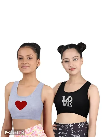 D'chica Sports Bra for Women  Girls (Pack of 2) Cotton Non Padded Full Coverage Beginners Bra, Non-Wired T-Shirt Gym Workout Training Regular Strap Bra for Teenager