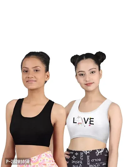 D'chica Sports Bra for Girls and Women (Pack of 2) Printed  Solid Cotton Non-Padded Beginners Non-Wired Teenager Bras for Gym, Workout, Yoga, Training Slip-on Full Coverage Seamless Bra-thumb0