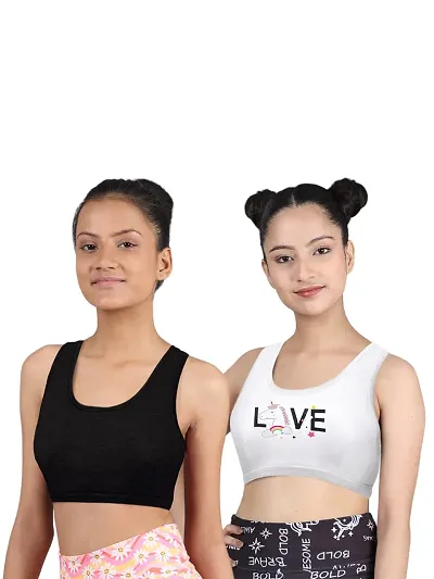 D'chica Sports Bra for Girls and Women (Pack of 2) Printed & Solid Cotton Non-Padded Beginners Non-Wired Teenager Bras for Gym, Workout, Yoga, Training Slip-on Full Coverage Seamless Bra