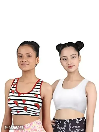 D'chica Sports Bra for Women  Girls (Pack of 2) Cotton Non-Padded Full Coverage Beginners Bra Non-Wired T-Shirt Gym Workout Activewear with Regular Broad Strap, Printed Training Bra for Teenager Kids