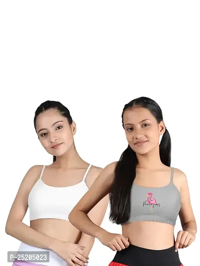 D'chica Thin Strap Sports Bra for Women  Girls (Pack of 2) Cotton Non-Padded  Non-Wired Beginners Bras, Teenager Bras for Gym, Yoga, Workout Activewear, Kids Double Layered Full Coverage Bra