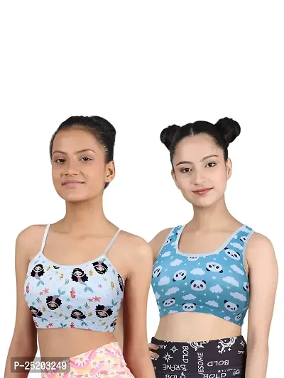 D'chica Sports Bra for Women  Girls (Pack of 2) Cotton Non-Padded Full Coverage Beginners Non-Wired T-Shirt Gym Workout Bra with Regular Broad Strap, Printed Training Bra for Teenager