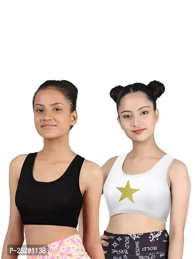 D'chica Sports Bra for Women  Girls (Pack of 2) Cotton Non-Padded Full Coverage Beginners Non-Wired T-Shirt Gym Workout Bra with Regular Broad Strap, Training Bra for Teenagers