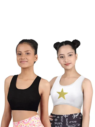 D'chica Sports Bra for Women Girls (Pack of 2) Non-Padded Full Coverage Beginners Non-Wired T-Shirt Gym Workout Bra with Regular Broad Strap, Training Bra for Teenagers