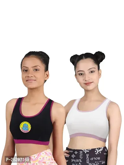 D'chica Sports Bra for Women  Girls (Pack of 2) Cotton Non-Padded Beginners Full Coverage Wire Free T-Shirt Gym Workout Yoga Bra with Regular Broad Strap, Training Activewear for Teenager-thumb0