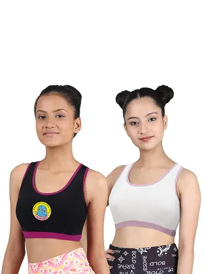 D'chica Sports Bra for Women Girls (Pack of 2) Non-Padded Full Coverage Beginners Non-Wired T-Shirt Gym Workout Bra with Regular Broad Strap, Training Bra for Teenagers