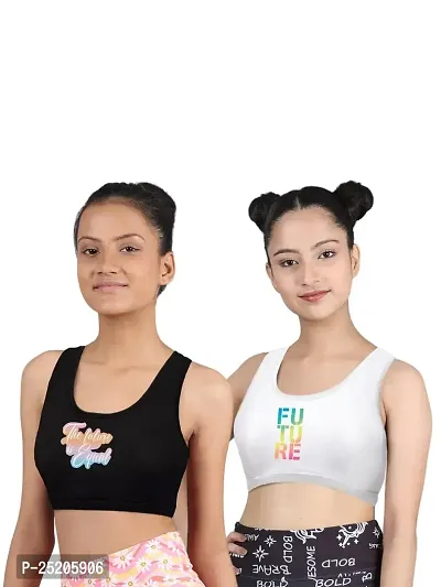 D'chica Sports Bra for Women  Girls (Pack of 2) Cotton Non-Padded Full Coverage Beginners Non-Wired T-Shirt Gym Workout Bra with Regular Broad Strap, Training Bra for Teenagers-thumb0