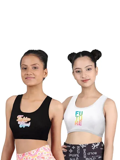 D'chica Sports Bra for Women & Girls (Pack of 2) Cotton Non-Padded Full Coverage Beginners Non-Wired T-Shirt Gym Workout Bra with Regular Broad Strap, Training Bra for Teenagers