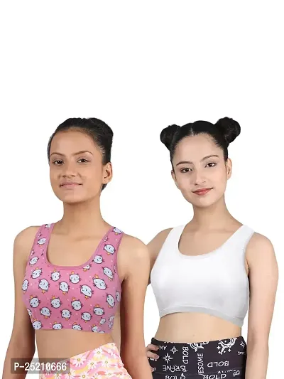 D'chica Sports Bra for Women  Girls, Cotton Non-Padded Full Coverage Beginners Non-Wired T-Shirt Gym Workout Bra with Regular Broad Strap, Training Bra for Teenager Kids (Pack of 2)