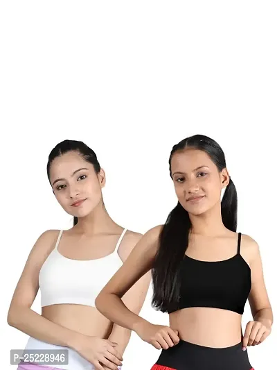 D'chica Sports Bra for Girls, Cotton Non-Padded Full Coverage Beginners Non-Wired Girls T-Shirt Workout Gym Bra, Printed Stylish Broad Strap Training Bra for Teenager Kids (2 Pcs)