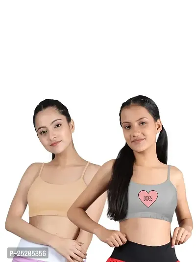 D'chica Uniform Bras for Women  Girls, Cotton Non-Padded Full Coverage Seamless Everyday Non-Wired Gym Bra with Adjustable Thin Strap, Graphic Printed Training Bra for Teenager Kids (Pack of 2)-thumb0