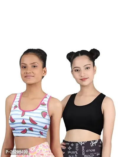 D'chica Sports Bra for Women  Girls (Pack of 2) Cotton Non-Padded Full Coverage Beginners Non-Wired T-Shirt Gym Workout Bra with Regular Broad Strap, Training Bra for Teenagers