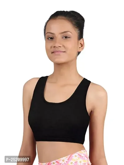 D'chica Sports Bra for Women  Girls, Cotton Non-Padded Full Coverage Beginners Non-Wired T-Shirt Gym Workout Bra with Regular Broad Strap, Training Bra for Teenager (Pack of 1) Black