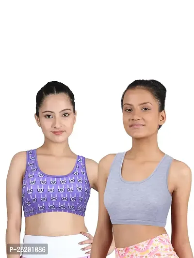 D'chica Sports Bra for Women  Girls (Pack of 2) Cotton Non-Padded Full Coverage Beginners Non-Wired T-Shirt Gym Workout Bra with Regular Broad Strap, Printed Training Bra for Teenager-thumb0
