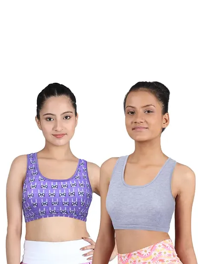 D'chica Sports Bra for Women & Girls (Pack of 2) Cotton Non-Padded Full Coverage Beginners Non-Wired T-Shirt Gym Workout Bra with Regular Broad Strap, Printed Training Bra for Teenager