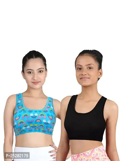 D'chica Sports Bra for Women  Girls, Cotton Non-Padded Full Coverage Beginners Non-Wired T-Shirt Gym Workout Bra with Regular Broad Strap, Printed Training Bra for Teenager Kids (Pack of 2)