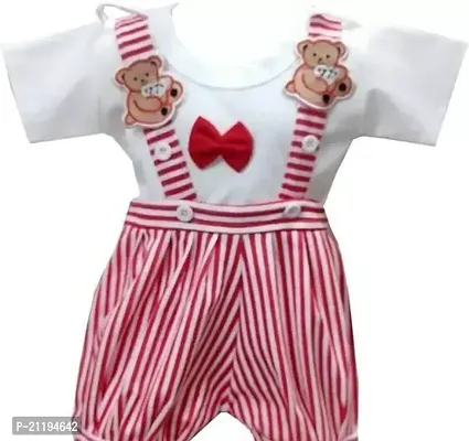 Stylish Red Cotton Blend Striped Dungarees For Boys