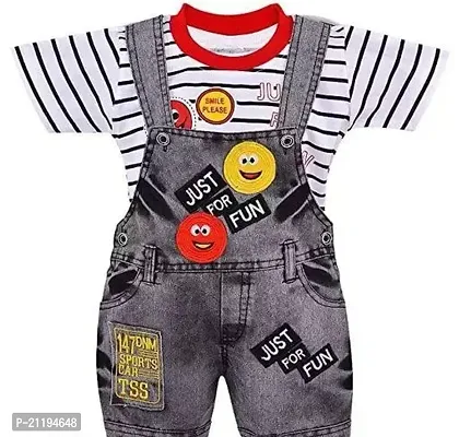 Stylish Grey Cotton Blend Striped Dungarees For Boys