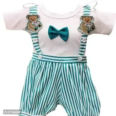 Stylish Turquoise Cotton Blend Striped Dungarees For Boys