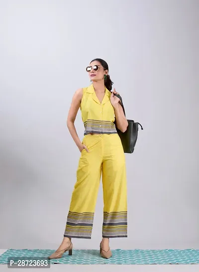 Contemporary Yellow Poly Linen Printed Co-Ords Sets For Women-thumb2