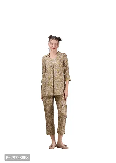 Contemporary Beige Poly Linen Printed Co-Ords Sets For Women-thumb0
