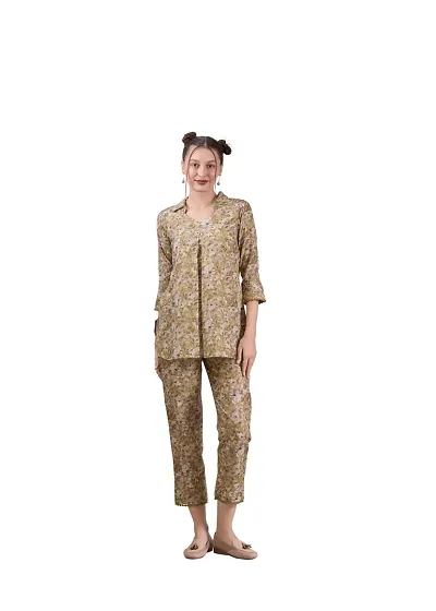 Contemporary Beige Poly Linen Printed Co-Ords Sets For Women