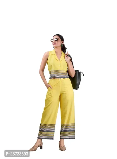 Contemporary Yellow Poly Linen Printed Co-Ords Sets For Women-thumb0