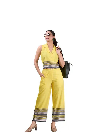 Contemporary Yellow Poly Linen Printed Co-Ords Sets For Women
