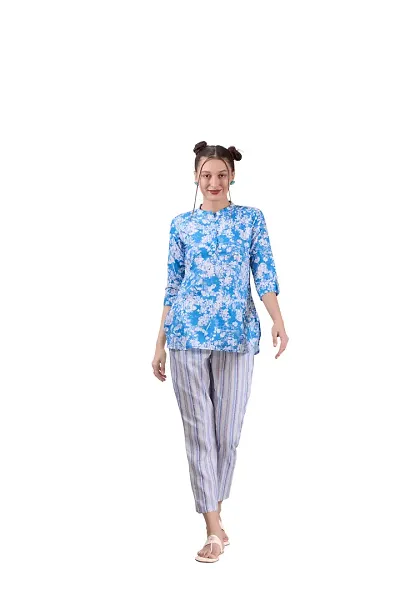 Contemporary Blue Rayon Slub Printed Co-Ords Sets For Women